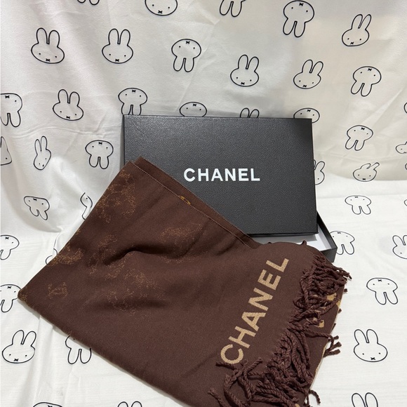 CHANEL Accessories - CHANEL Brown Logo Fringe Scarf with Gold Accents